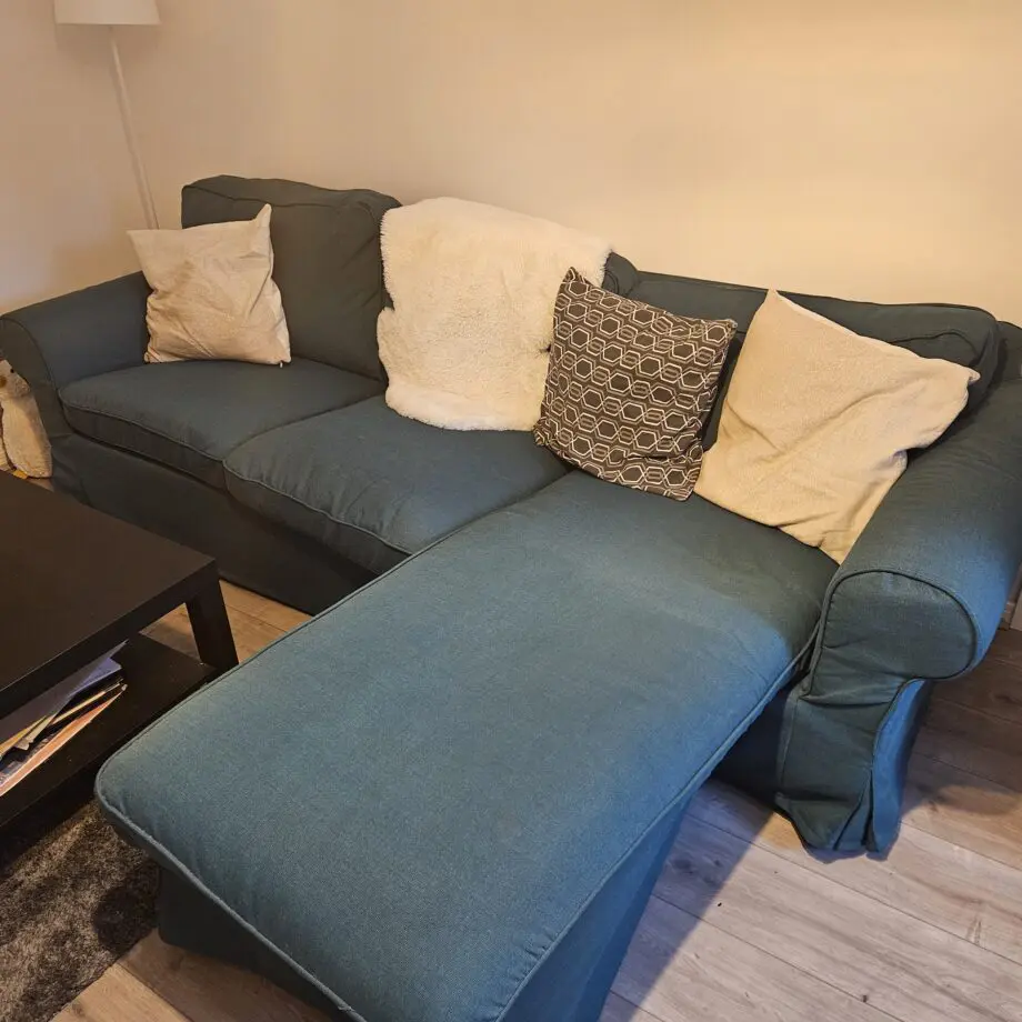 Dark Green Ikea 3 seater sofa with chaise longue