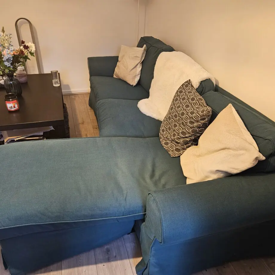 Dark Green Ikea 3 seater sofa with chaise longue