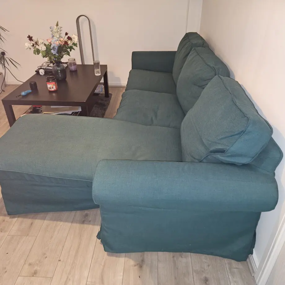 Dark Green Ikea 3 seater sofa with chaise longue