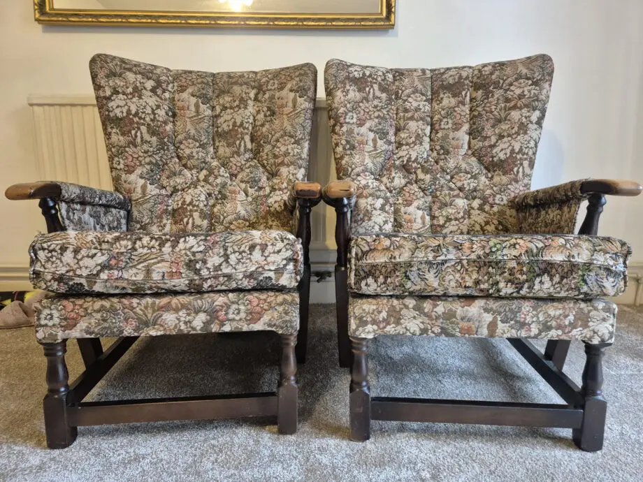 2 old vintage chairs well preserved with floral pattern.