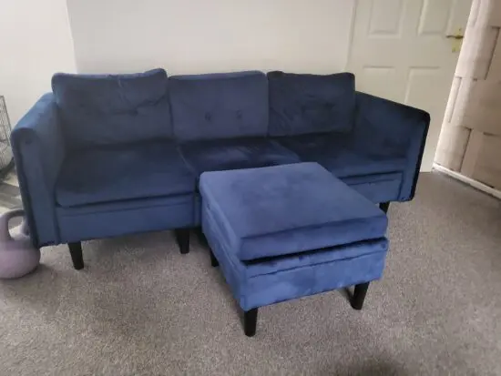 Blue 3 seater sofa with footstool/ottoman