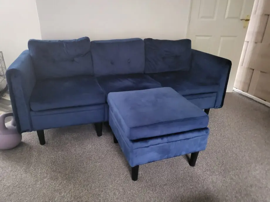 Blue 3 seater sofa with footstool/ottoman