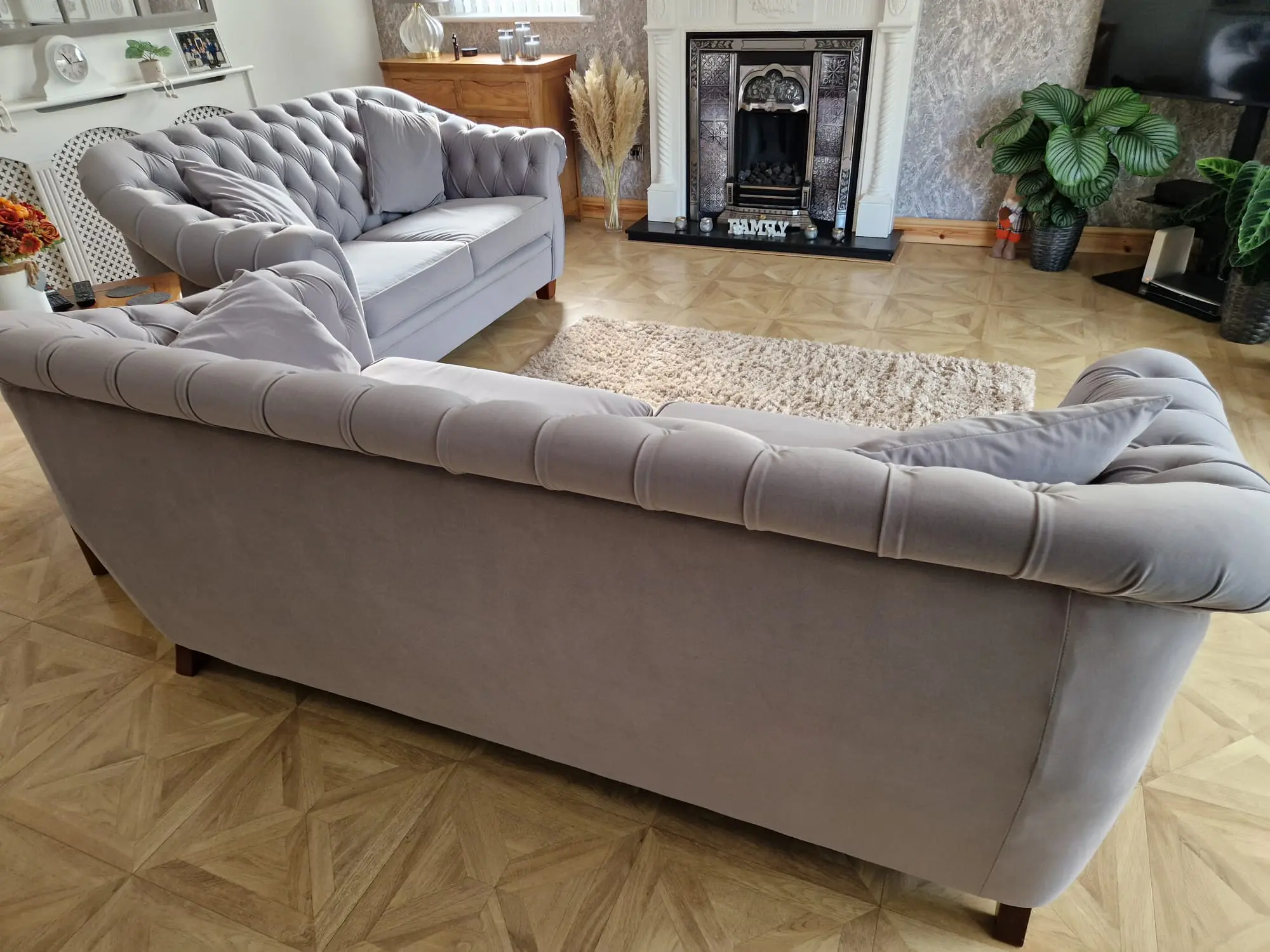 Chesterfield Light Grey Velvet 2 Seater and 3 Seater Sofa