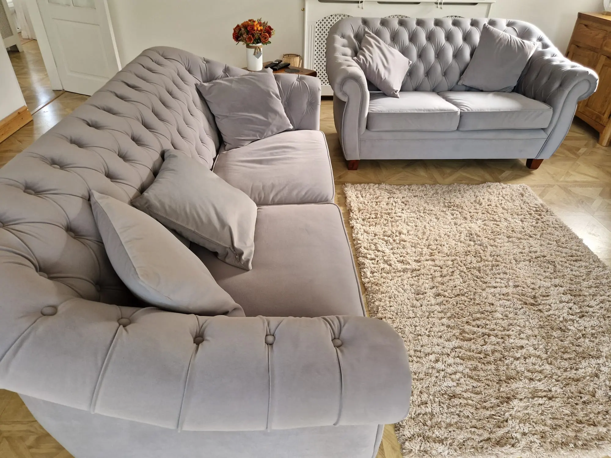 Chesterfield Light Grey Velvet 2 Seater and 3 Seater Sofa