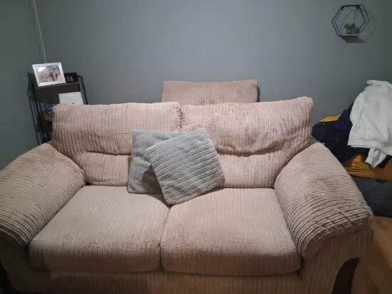 2 seater sofa and 1 arm chair. Both in brown and beige.