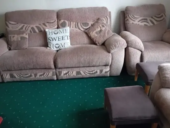 3 piece suite, with matching cushions and footstall.