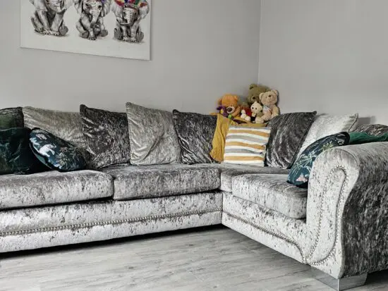 DFS crushed velvet silver/grey corner sofa