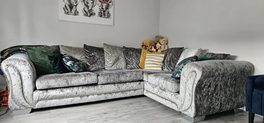 Silver crushed velvet corner sofa