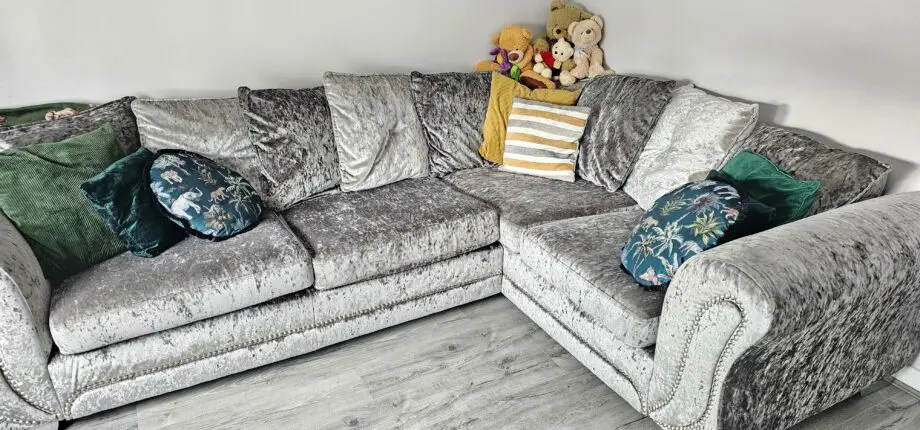 Silver crushed velvet corner sofa