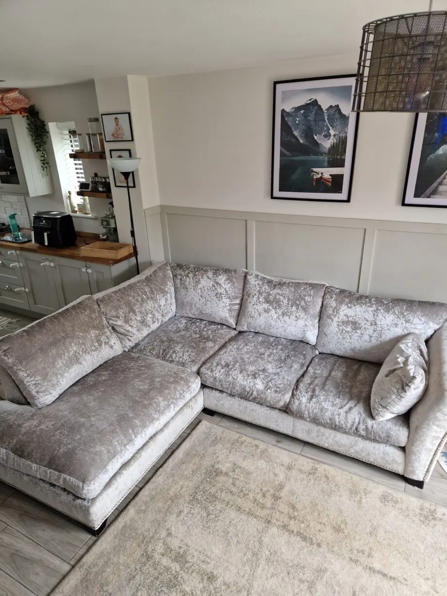 DFS Xara crushed velvet Silver corner sofa