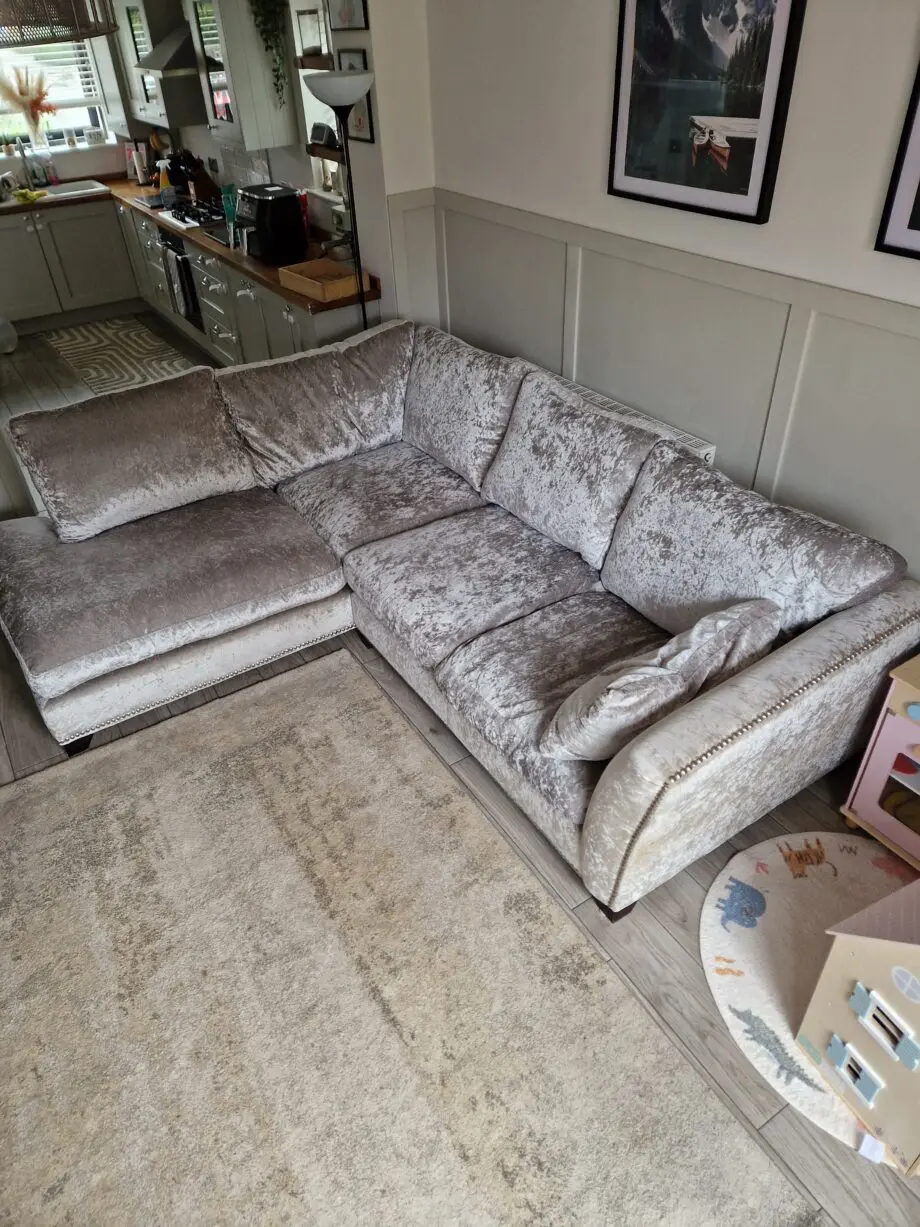 DFS Xara crushed velvet Silver corner sofa