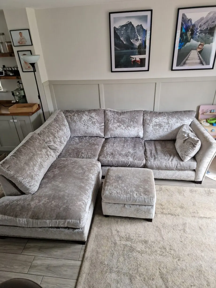 DFS Xara crushed velvet Silver corner sofa