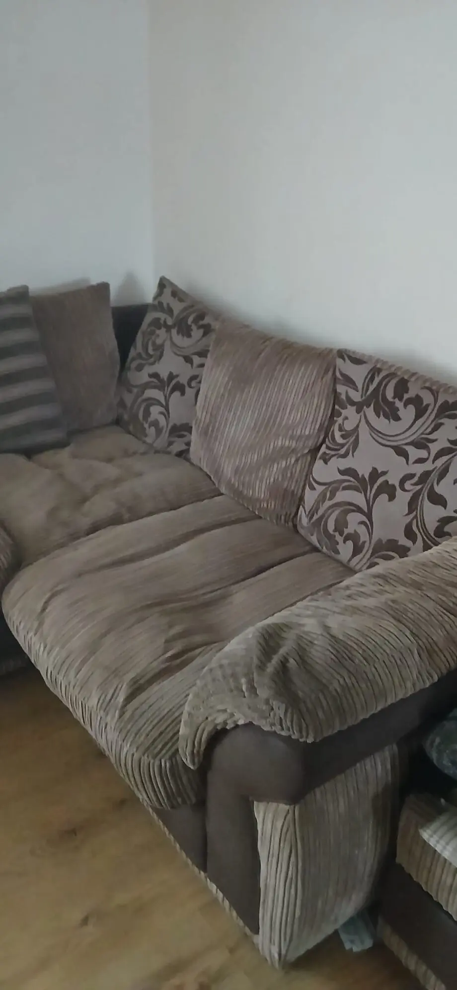 DFS left hand corner sofa with 1 additional armchair and footstool