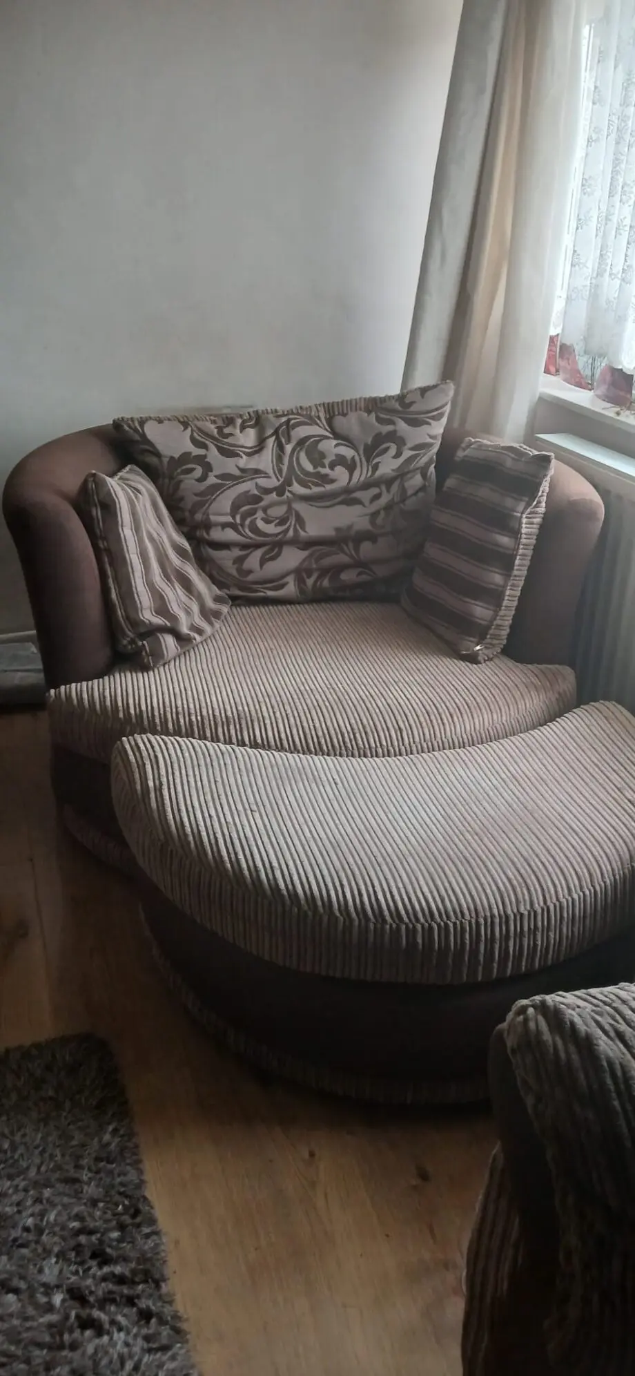 DFS left hand corner sofa with 1 additional armchair and footstool