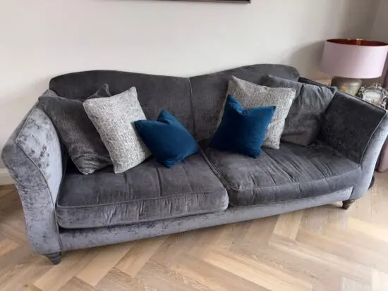 Grey velvet 4 Seater Sofa and Cuddle Chair