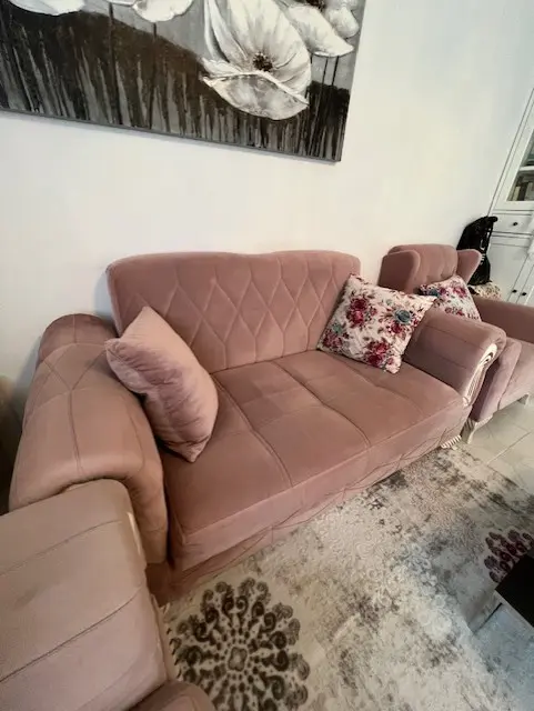 Beautiful Blush Pink Velvet Sofa Set – Great Condition