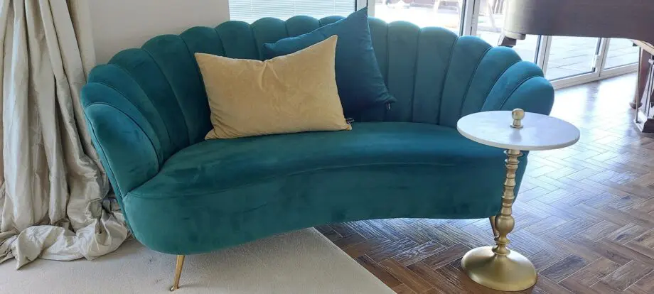 Green Velour Barker and Stonehouse 2x 3 seater and 1x Armchair with 2x storage pouffes