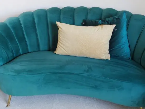 Green Velour Barker and Stonehouse 2x 3 seater and 1x Armchair with 2x storage pouffes