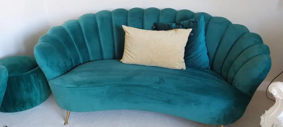 Green Velour Barker and Stonehouse 2x 3 seater and 1x Armchair with 2x storage pouffes