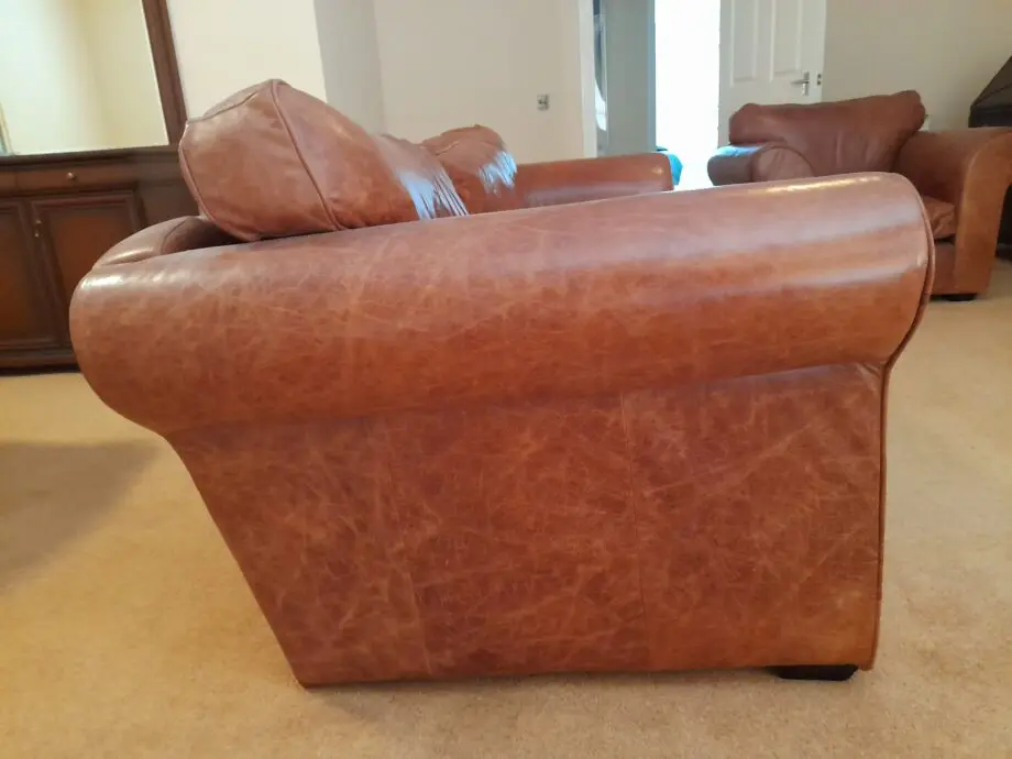 Pre-loved House of Fraser Tan Leather Sofa & Matching Single Chair.