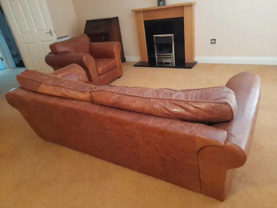 Pre-loved House of Fraser Tan Leather Sofa & Matching Single Chair.
