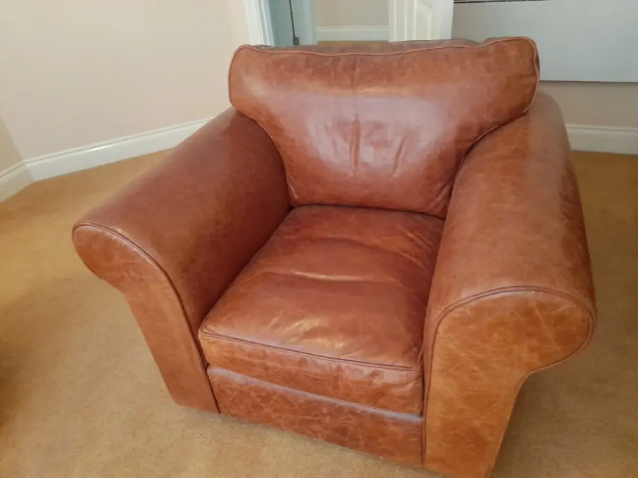 Pre-loved House of Fraser Tan Leather Sofa & Matching Single Chair.