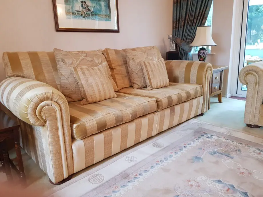 Duresta Waldorf grand & 2 seater sofas in Galliard gold + matching footstool