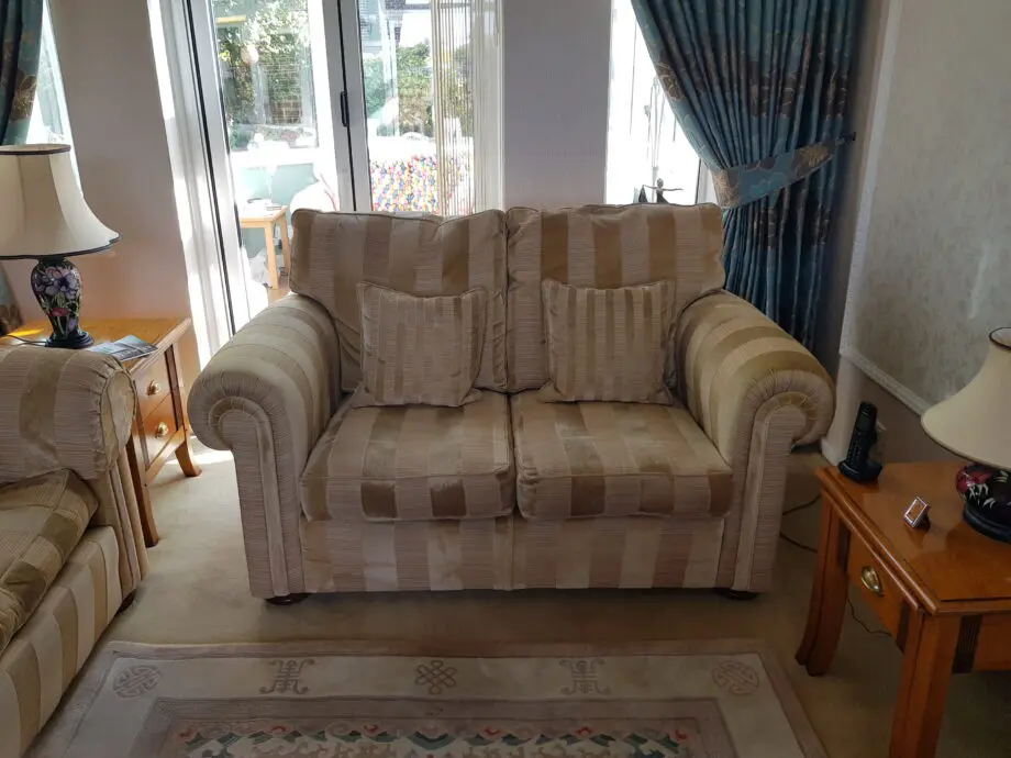 Duresta Waldorf grand & 2 seater sofas in Galliard gold + matching footstool