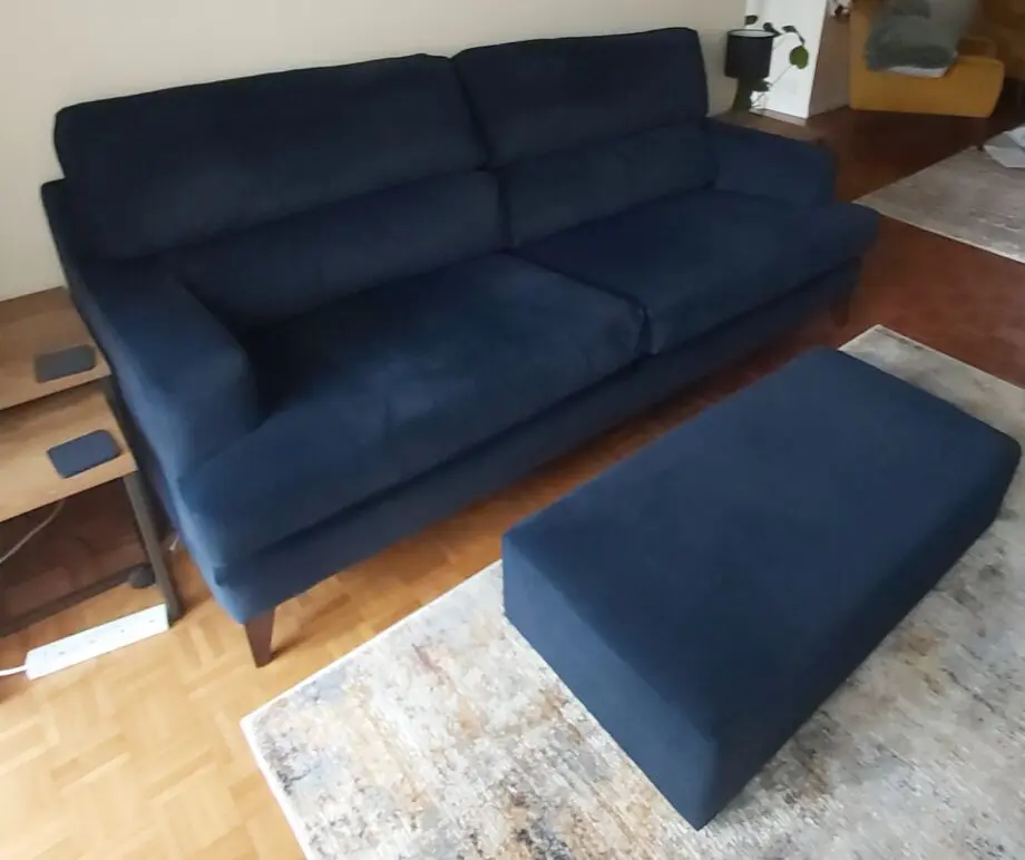 The Lounge Co. Romilly 4 Seater Fabric Sofa Blue plus footstool.