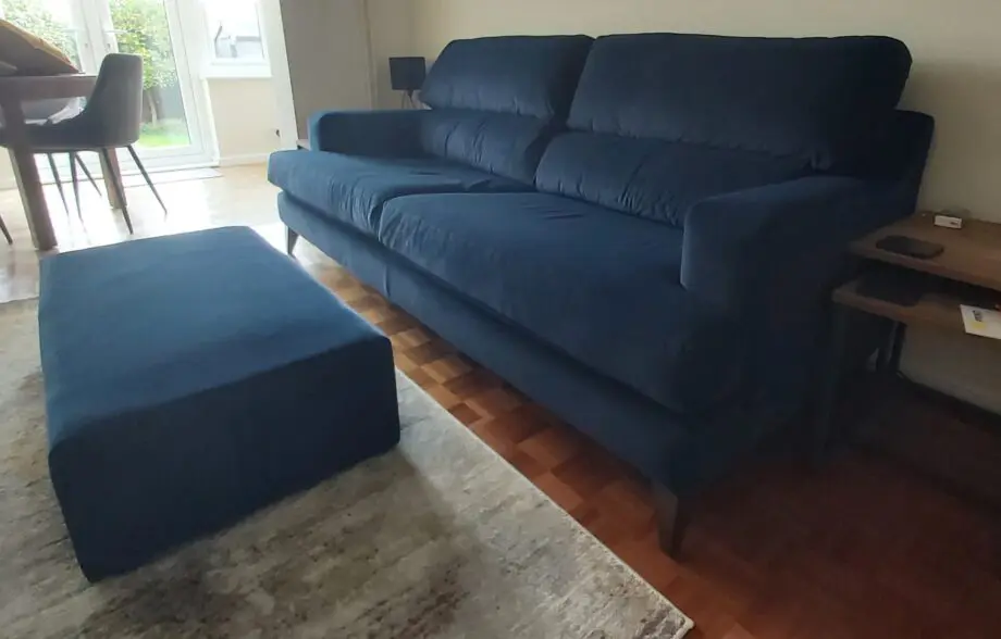 The Lounge Co. Romilly 4 Seater Fabric Sofa Blue plus footstool.