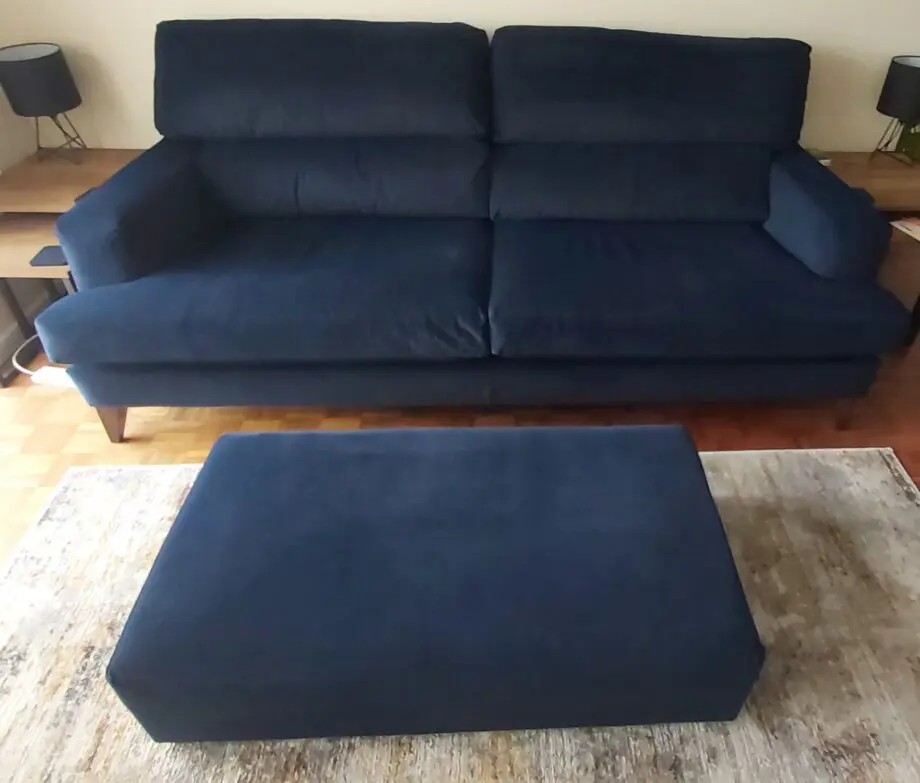 The Lounge Co. Romilly 4 Seater Fabric Sofa Blue plus footstool.