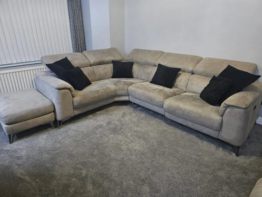 Seude recliner sofa, single recliner chair & footstool.
