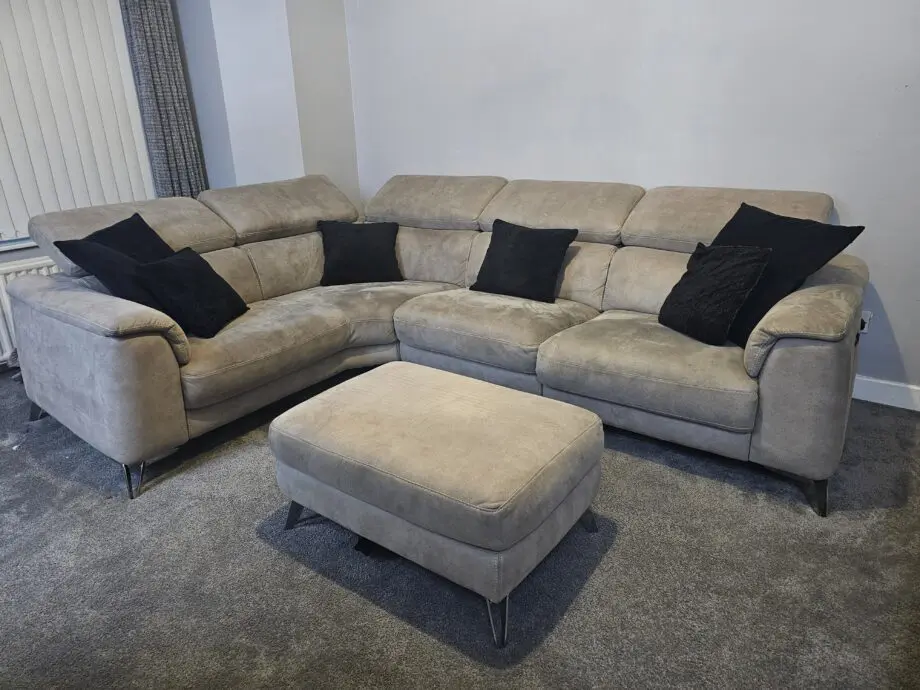 Seude recliner sofa, single recliner chair & footstool.