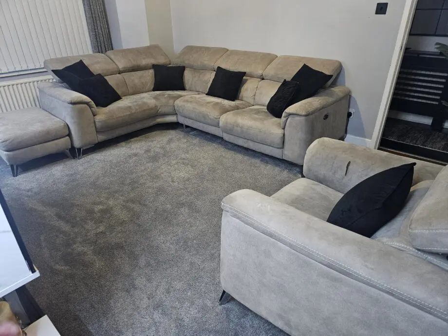 Seude recliner sofa, single recliner chair & footstool.