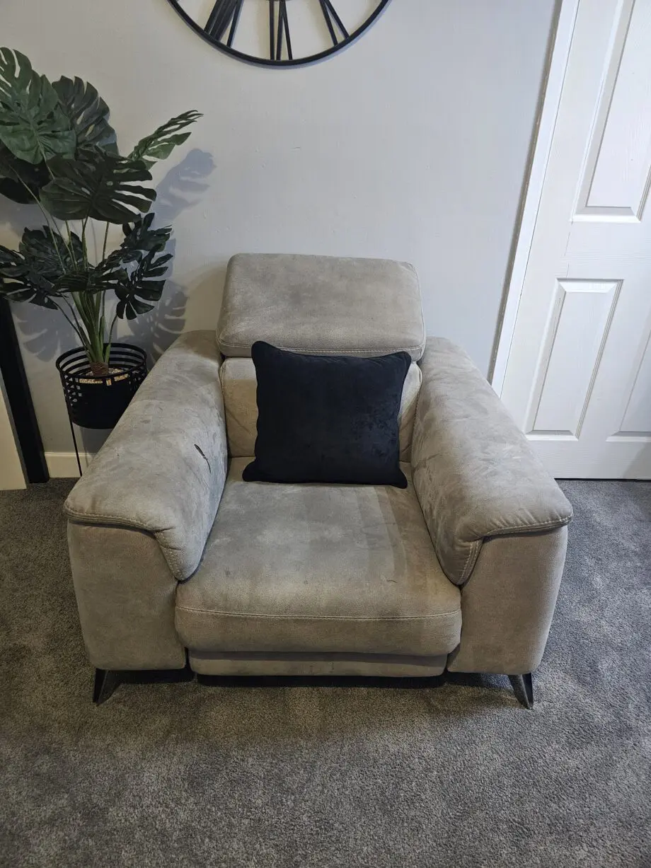 Seude recliner sofa, single recliner chair & footstool.