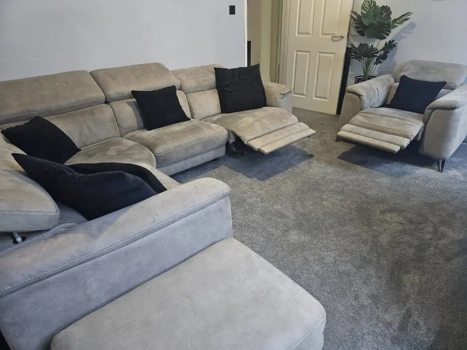 Seude recliner sofa, single recliner chair & footstool.