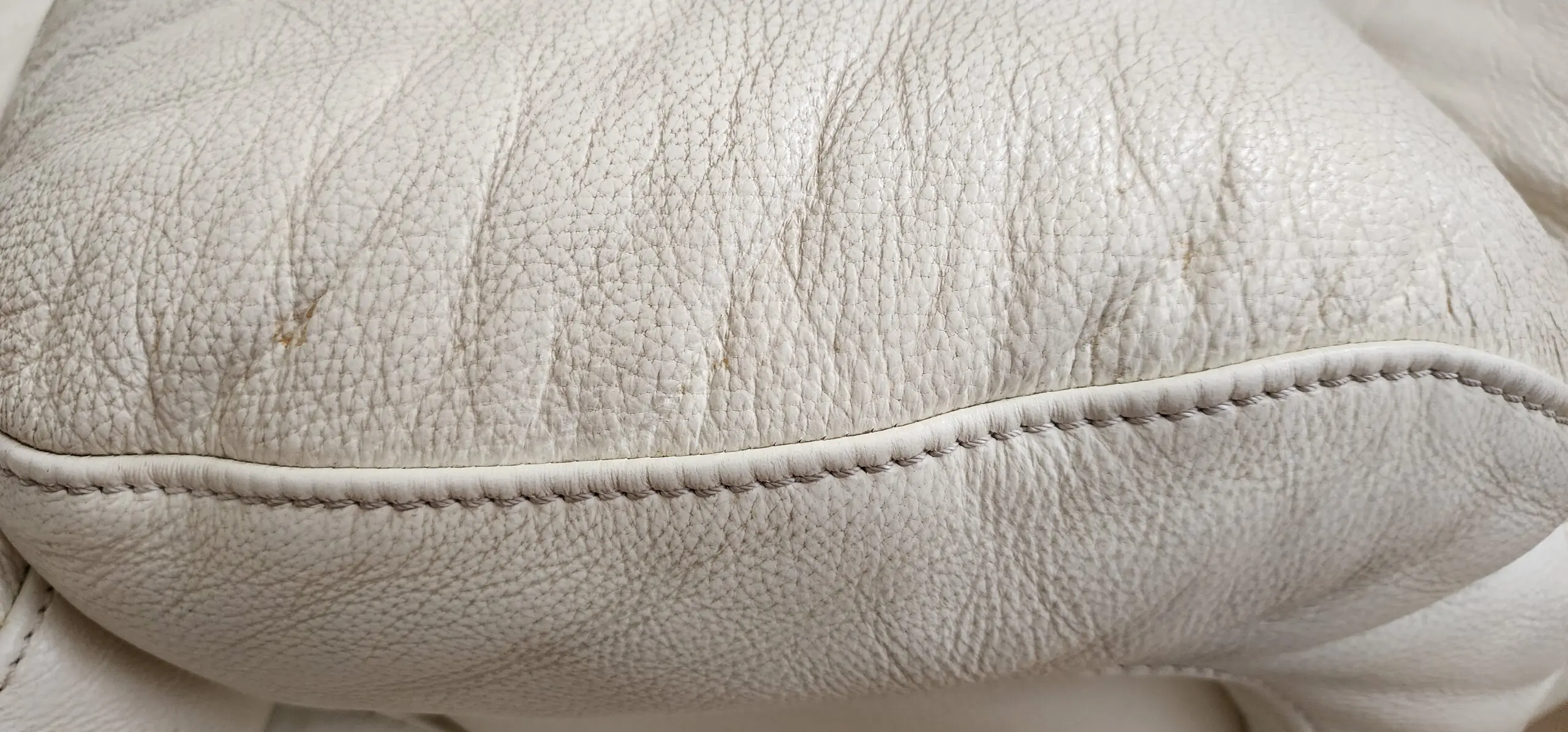 3 piece Italian grain leather sofa light ivory 3 seater armchair and footstool used but in very good condition