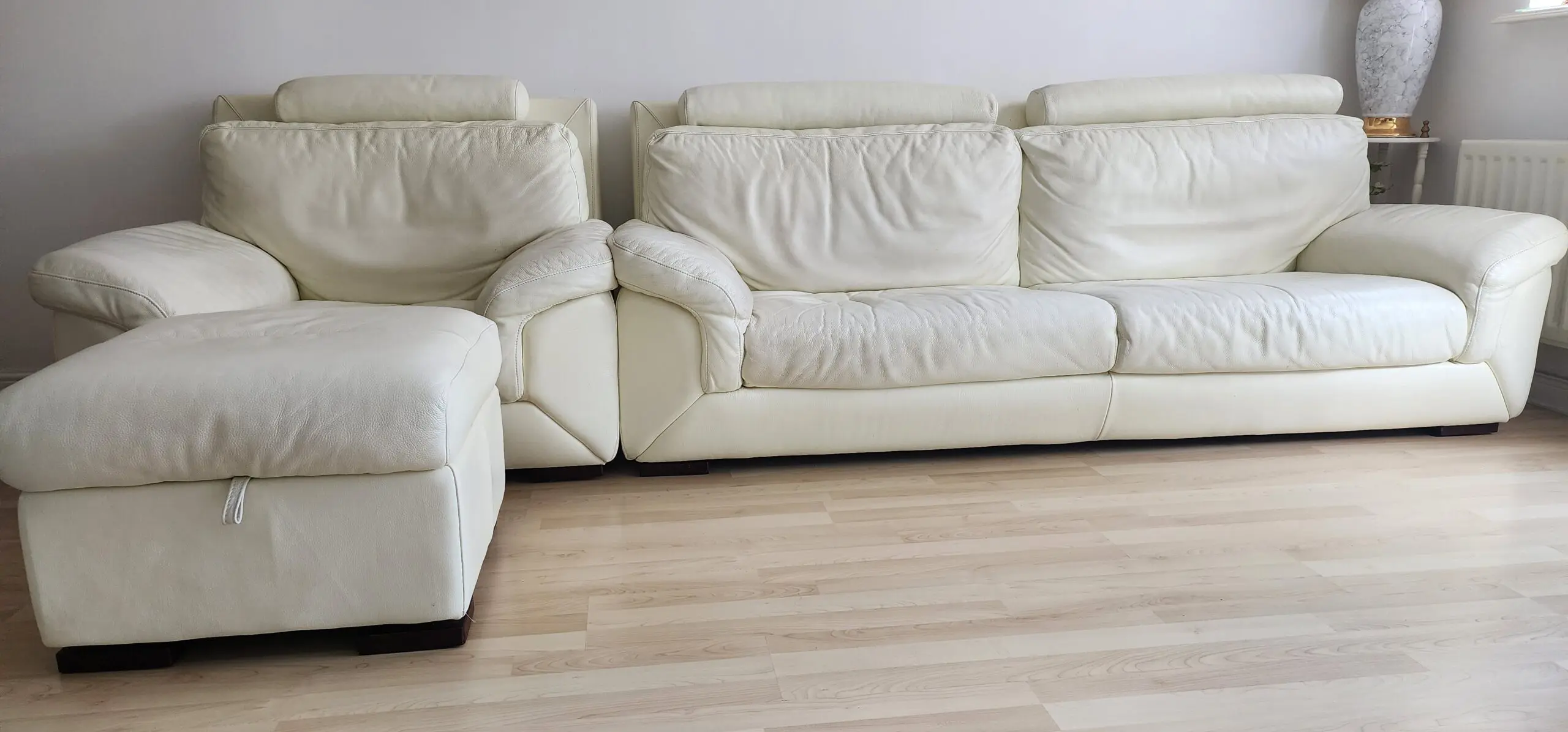3 piece Italian grain leather sofa light ivory 3 seater armchair and footstool used but in very good condition