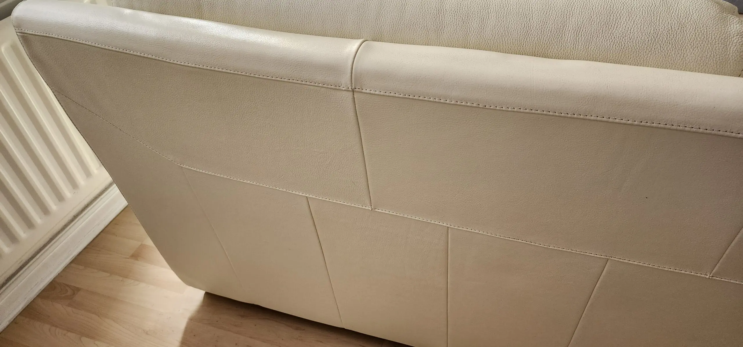 3 piece Italian grain leather sofa light ivory 3 seater armchair and footstool used but in very good condition