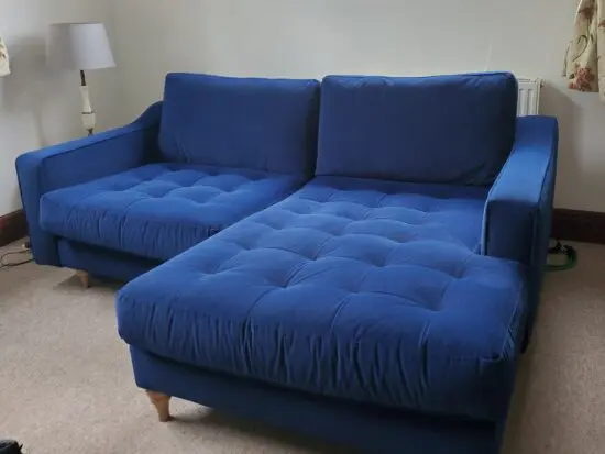 Joules/DFS right hand facing chaise sofa in velvet blue