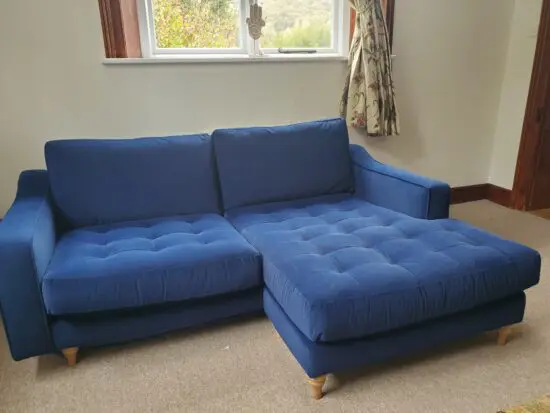 Joules/DFS right hand facing chaise sofa in velvet blue