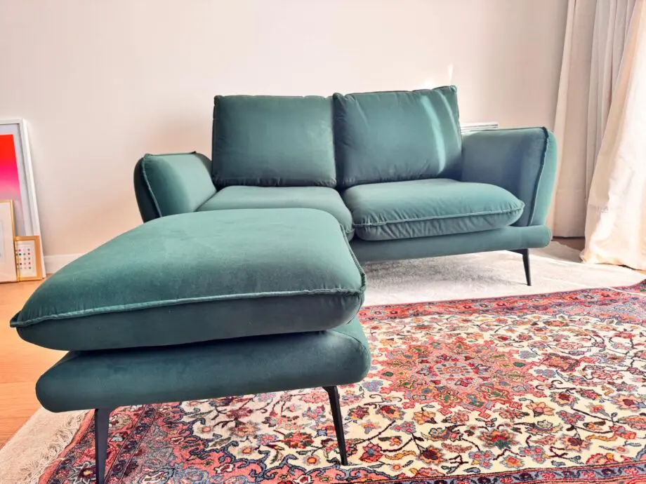 Daals Obriel Forest Green Velvet 2 Seater Sofa + Foot Stool (Current Season)