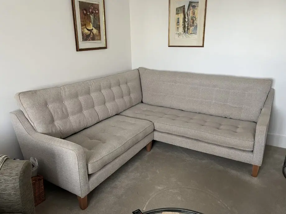 Camden corner sofa in oatmeal tweed. Manufactured by Westbridge Upholstery.