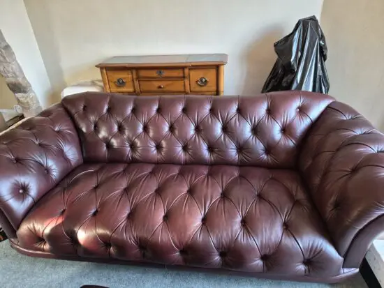 Richmond Chesterfield Sofa + Richmond Buttoned Back Wing Chair + Richmond Buttoned Top Footstool (Colour: Old Saddle Brown)