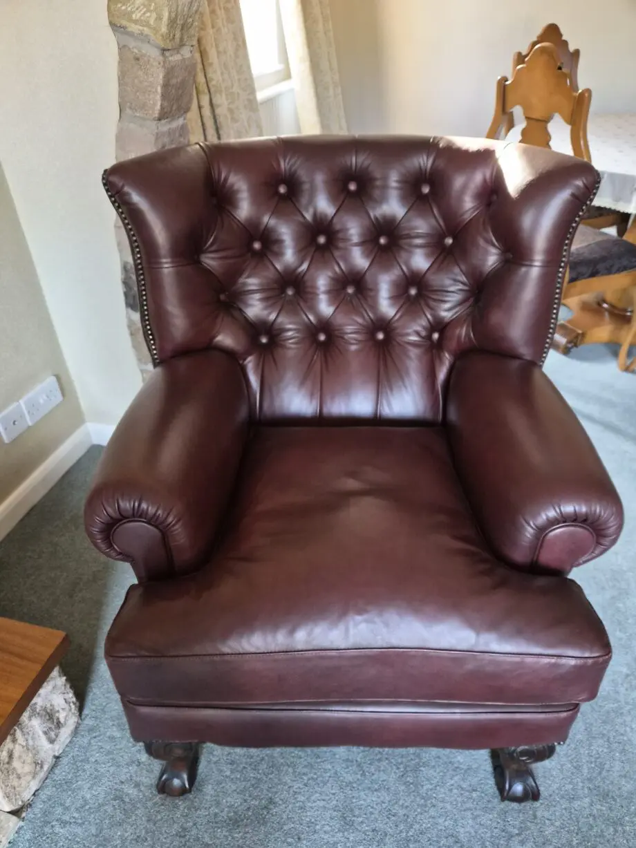 Richmond Chesterfield Sofa + Richmond Buttoned Back Wing Chair + Richmond Buttoned Top Footstool (Colour: Old Saddle Brown)