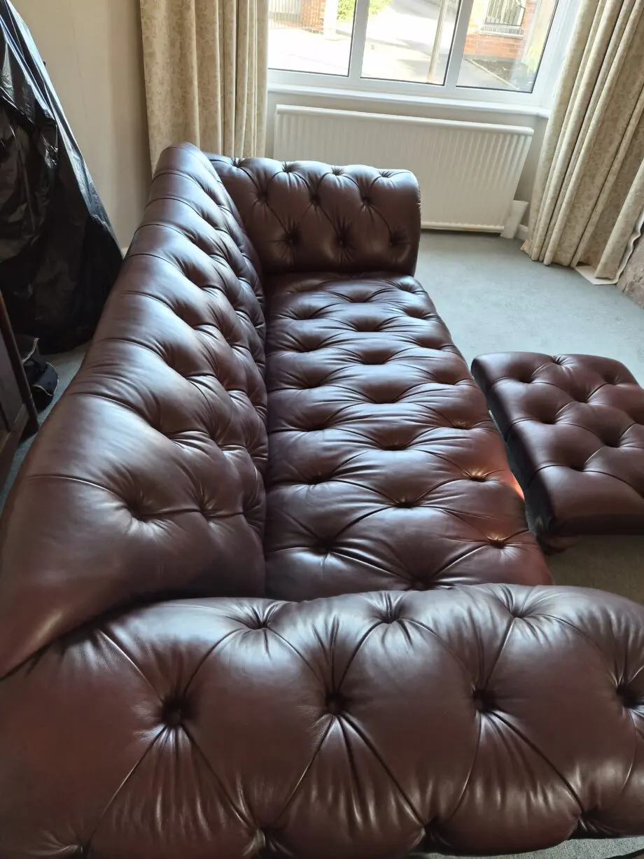 Richmond Chesterfield Sofa + Richmond Buttoned Back Wing Chair + Richmond Buttoned Top Footstool (Colour: Old Saddle Brown)