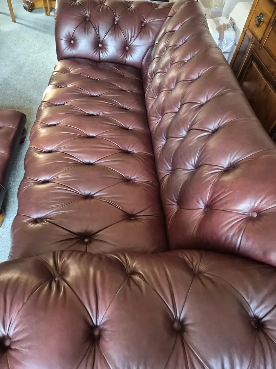 Richmond Chesterfield Sofa + Richmond Buttoned Back Wing Chair + Richmond Buttoned Top Footstool (Colour: Old Saddle Brown)