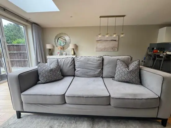 Bespoke grey velvet 3 seat sofa with contrast piping