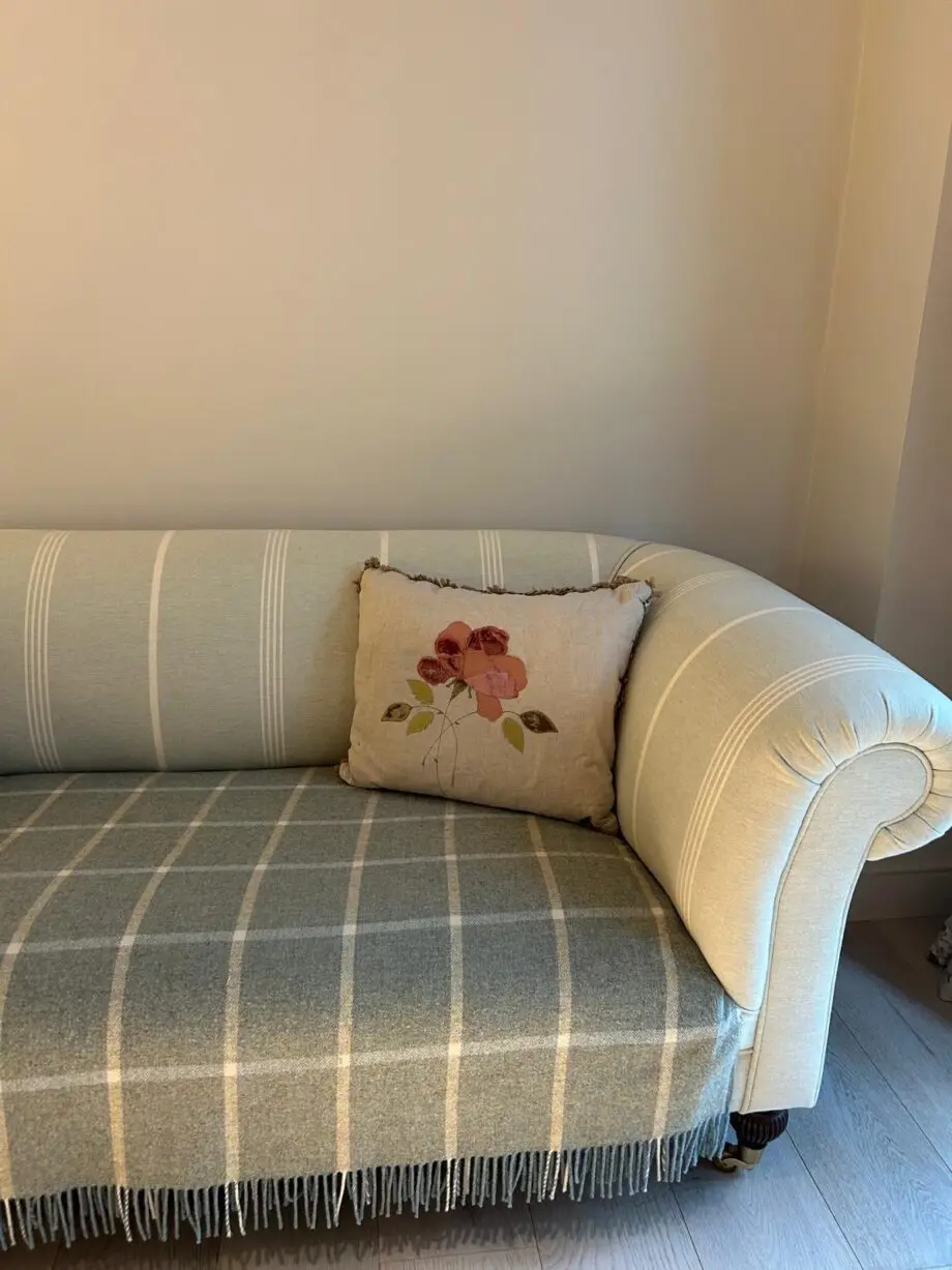 Susie Watson chesterfield sofa , duck egg herring bone
