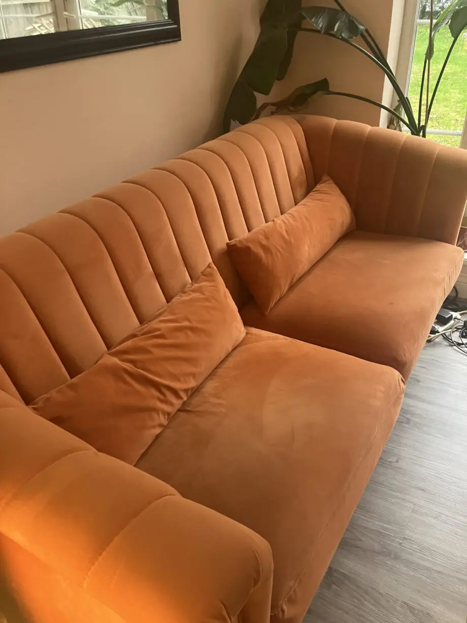 Orange velvet 3 seater sofa